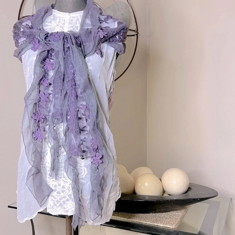 Kikiyo Purple Mesh Ruffles Embroidered Shabby Chic‎ Lace Ruffles Scarf